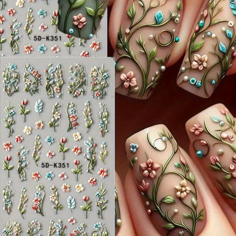 5d Embossed Green Vine Floral Nail Stickers - Self-adhesive Nail Art Decals With Cartoon-style Flowers, Embroidery Detailing & Vibrant Colors For Diy (single-use, Plastic Material)