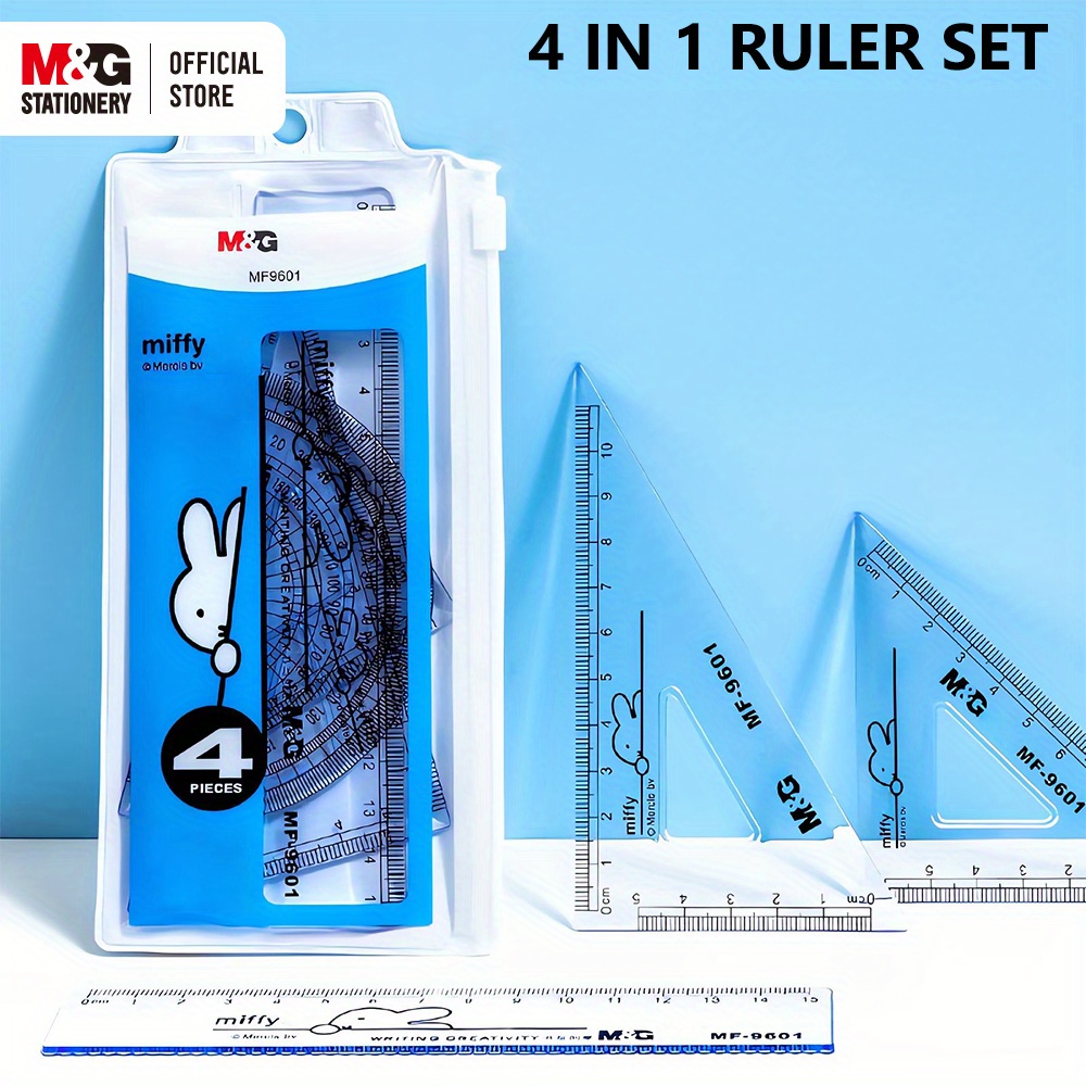 

M&g 4pcs Set - Portable Measuring For , Includes 15cm , 2 Rulers, And Protractor - Plastic School