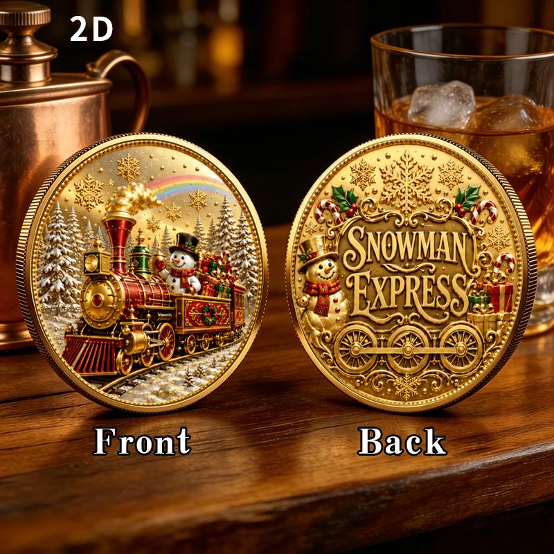 TEMU 2d Flat Printed Vintage Christmas Train Snow Scene Commemorative Coin, Collectible Souvenir Coin, Birthday Gift Commemorative Medal, Desktop