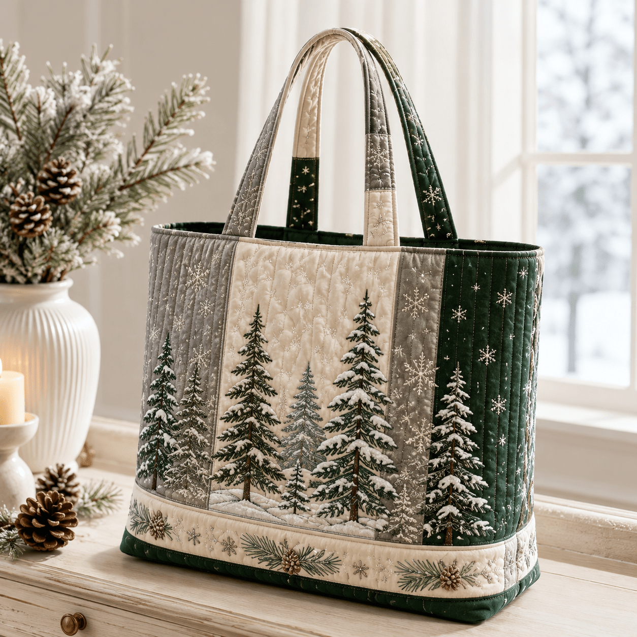 Image of 17*15in Quilted Tote Bag For Women, Snowy Cream Silvery Hunter Embroidery Visual, Soft Handheld Bag, Large Capacity School Work Bag For Daily Use Weekend Gym