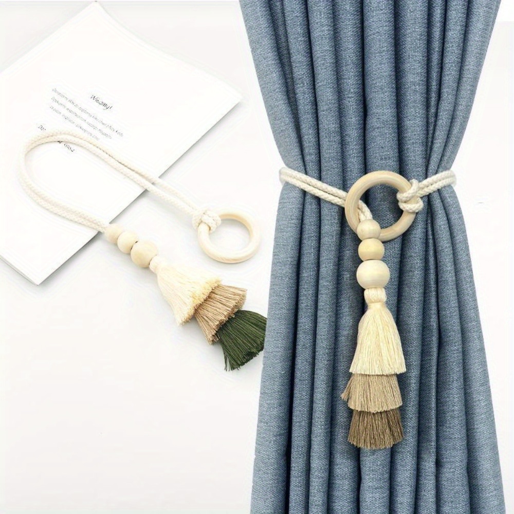 2pcs, Anneau de rideau en bois avec pompon, Style bohème, Anneau de rideau en fil de luxe léger haut de gamme, 2 pièces par paquet