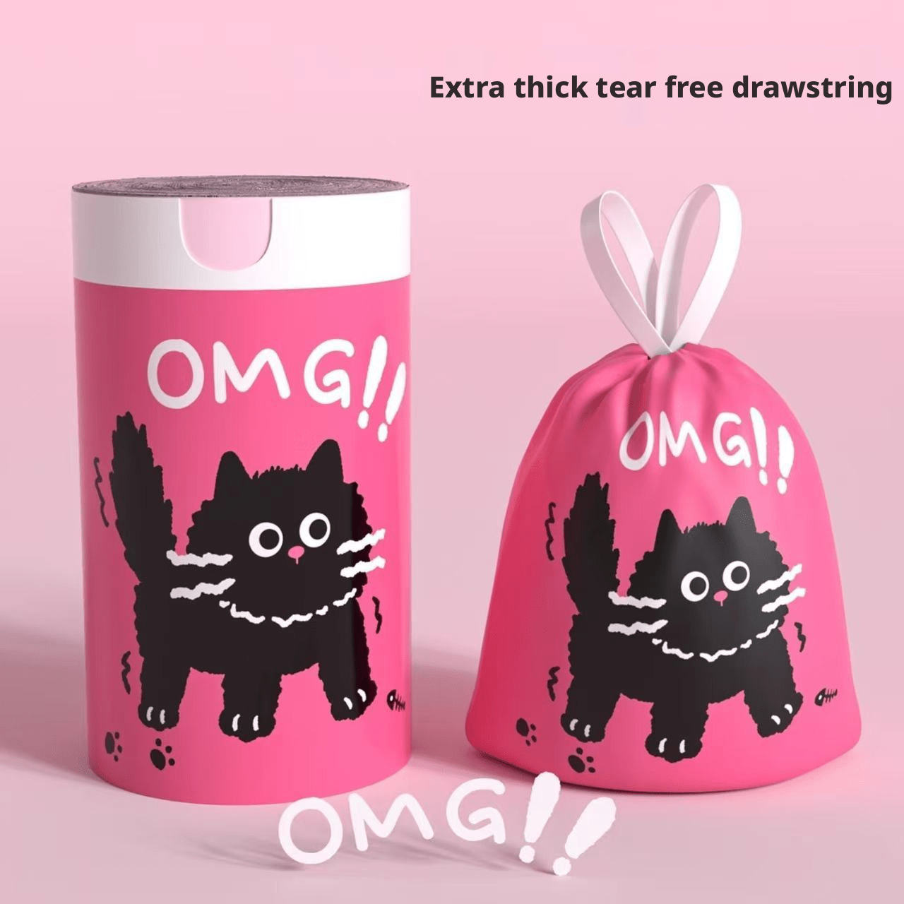 TEMU 1roll/100pcs Pink Cute Black Cat Drawstring Trash Bags | Thickened Durable Household Garbage Bags