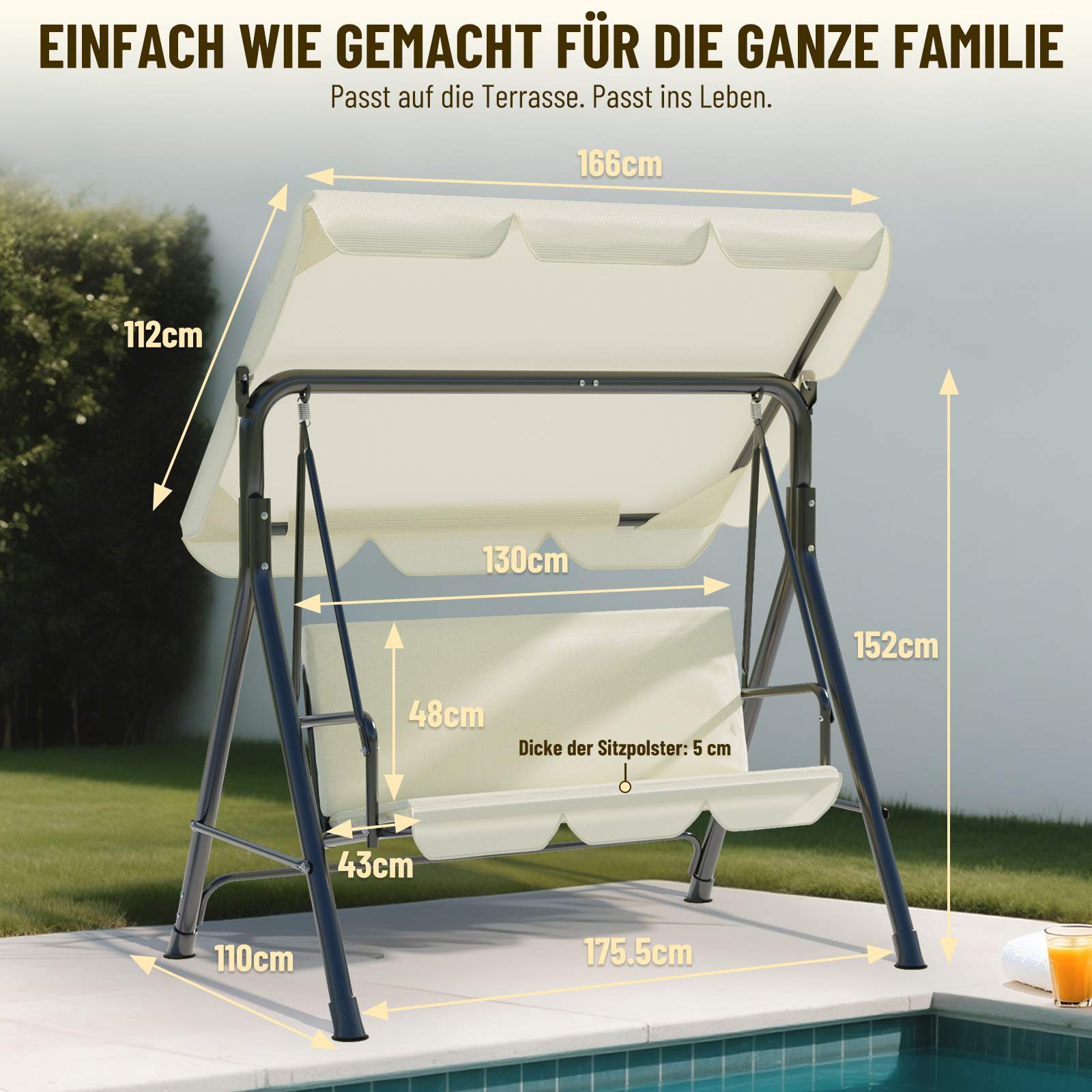 Bayernlive 3-seater Swing, Garden Swing, Swing, Hanging With Adjustable Backrest And Sun Canopy, Hanging Swing For Garden Or Patio