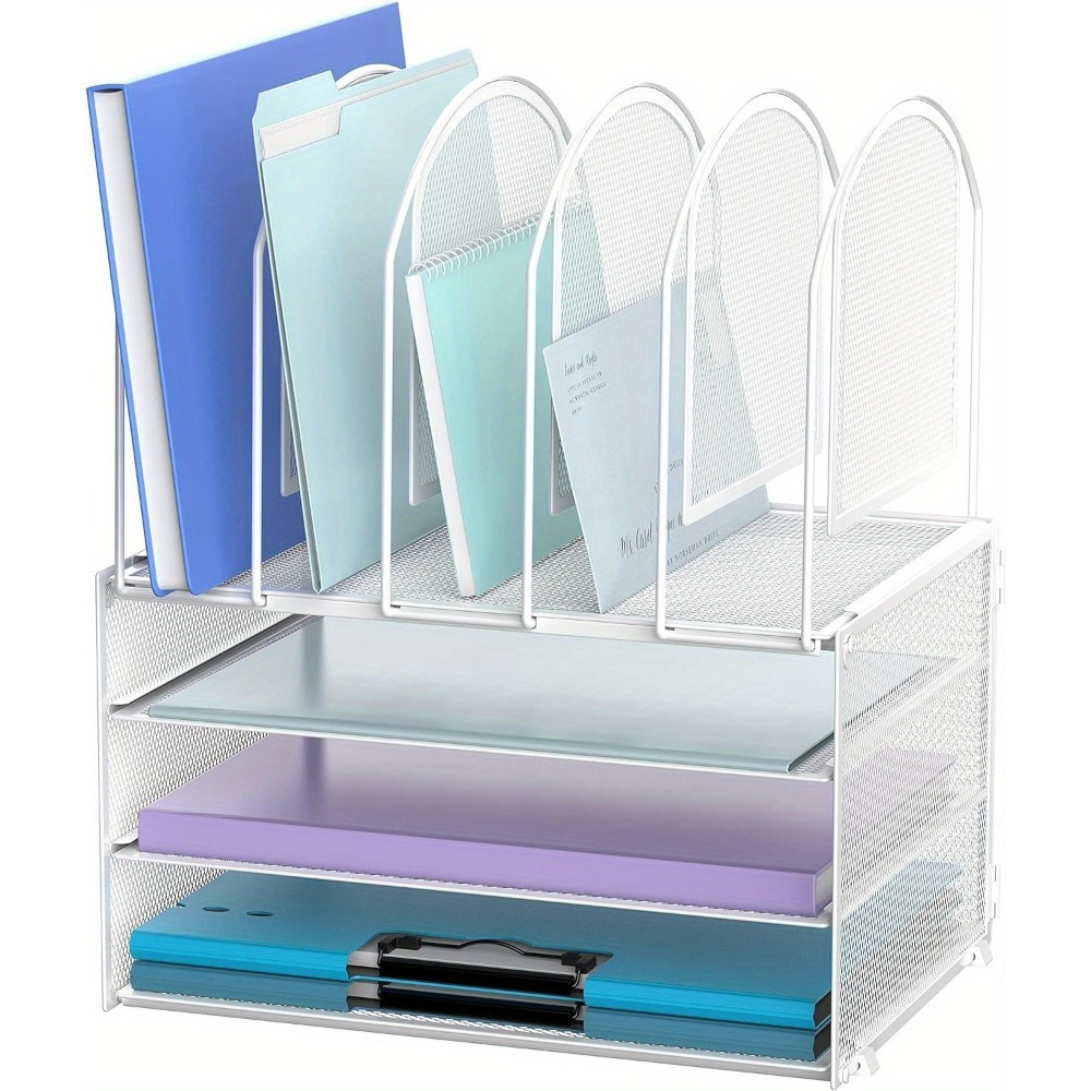 Image of Daltack Metal Mesh Desk Organizer With Vertical File Holder, 3 Tier Desktop Organizer With 5 File Folder Holders And Handles, Desk Organizers And Accessories For Home Office Organization