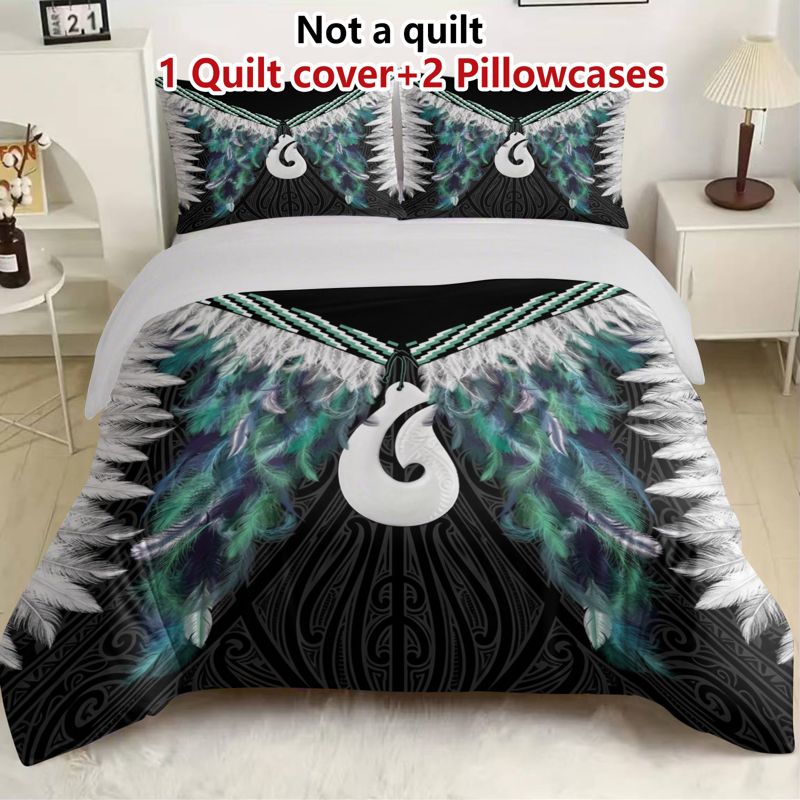 TEMU 3pcs Maori Feather Duvet Cover 3pcs Set (1*duvet 2*pillowcases, Comforter Not Included), Bohemian Theme, Artistic Bedding, Soft, Breathable,