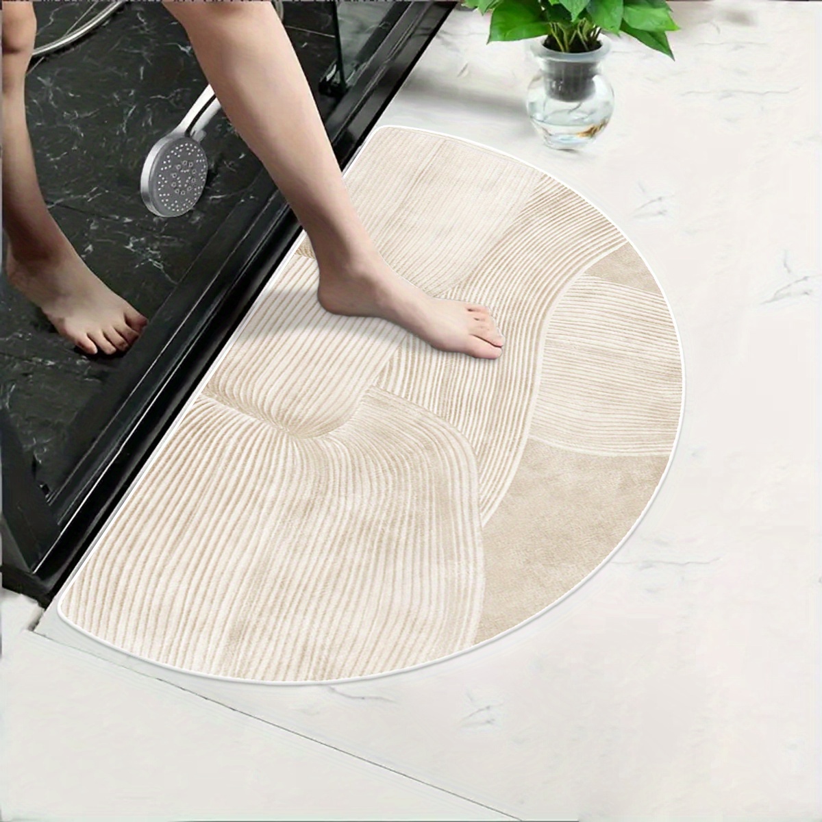 1  fleece washed base anti slip machine washable easy fold 1100gsm 4 3mm thick half circle doorway mat minimalist beige irregular line bathroom rug comfortable plush non slip   mat for home entrance decor Product details 4
