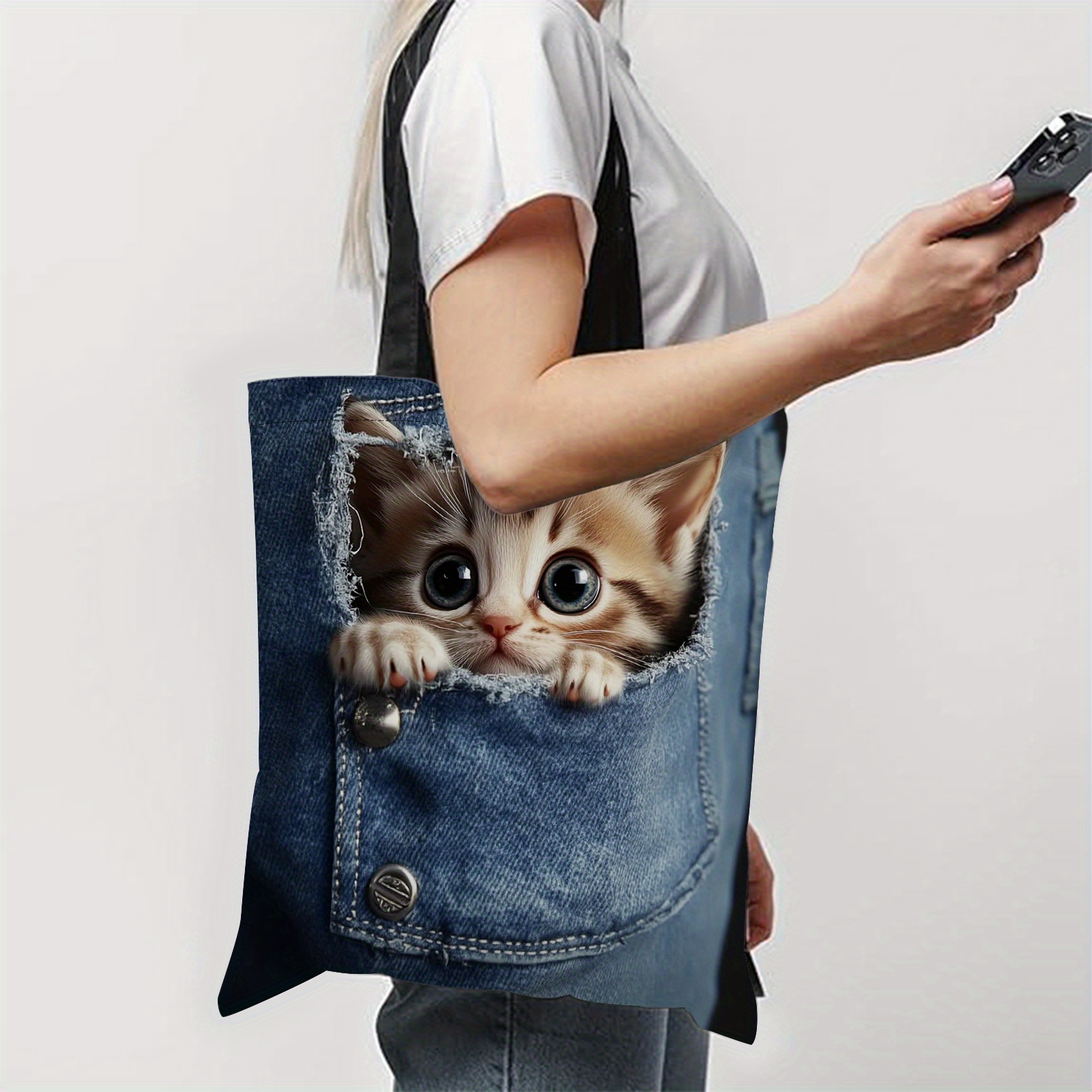 TEMU This 1pc Handbag Features An Adorable Little Kitten Lounging In A Pocket. This Cute Blue Cartoon Shopping Bag Is Perfect For Shopping, Gifting,