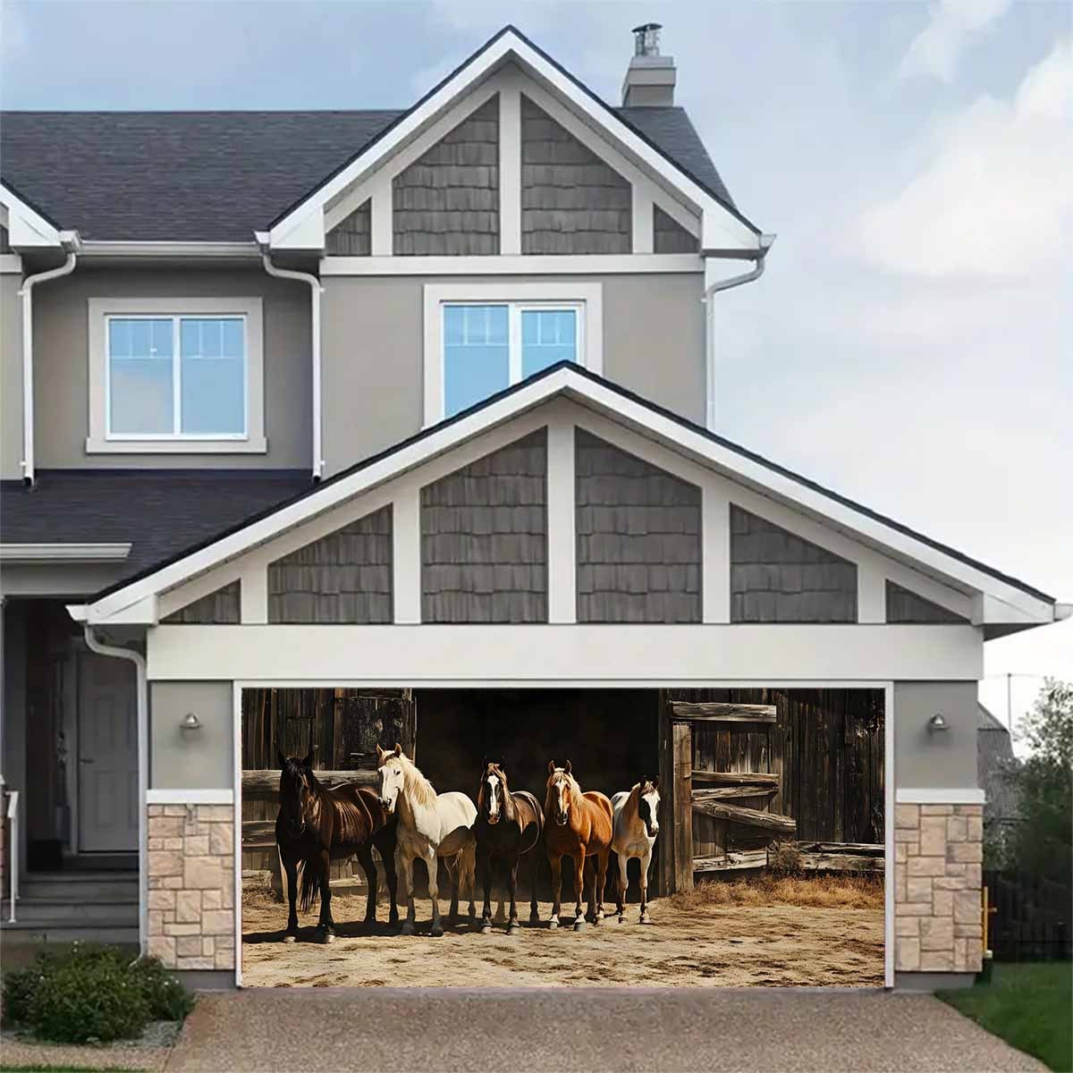 

1pc Horse Scene Garage Door Cover, Fabric Holiday Decorative Banner, No Electricity Or Battery Needed, Ideal For Christmas & Party Backdrop