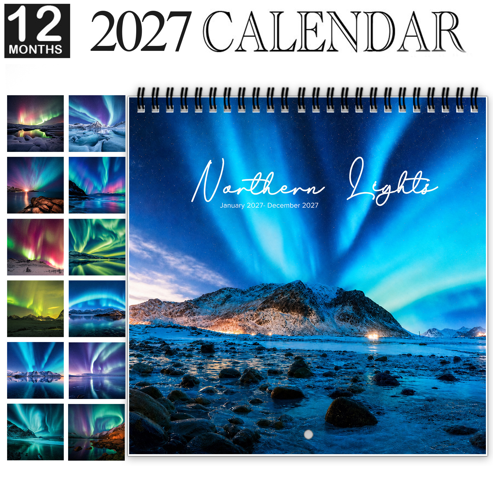 TEMU 1pc Calendrier mural Aurores Boréales 2027 avec pages de planification mensuelles, d' avec de grands blocs de date inscriptibles, à double fil