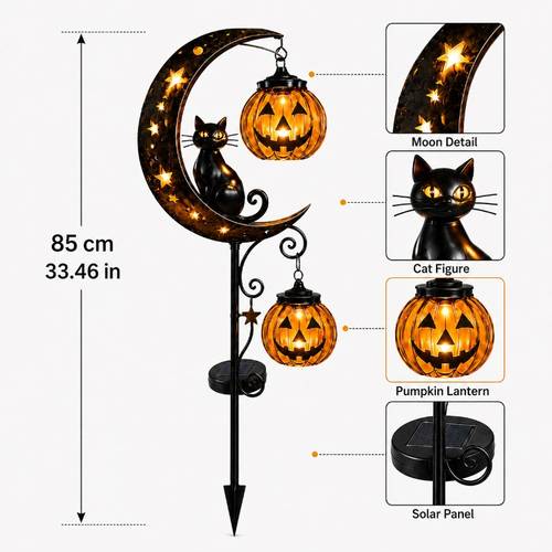 item picture 3d halloween solar garden plug in light crescent black cat double pumpkin lantern led small street light automatic switch warm light horror glow jack courtyard lawn terrace decoration rustic wrought iron weathering outdoor decorations