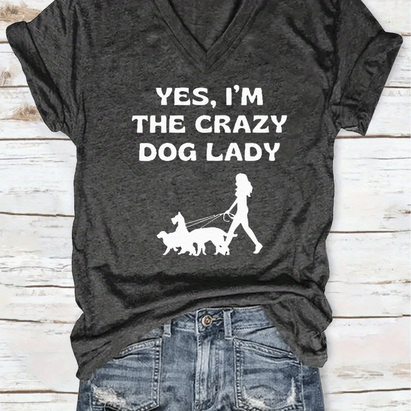 TEMU Women's Funny "yes, I'm The Lady" - Short Sleeve V-neck Casual Top With Lettering & Applique, Spring Summer Outfits, Gift For Dog Owners