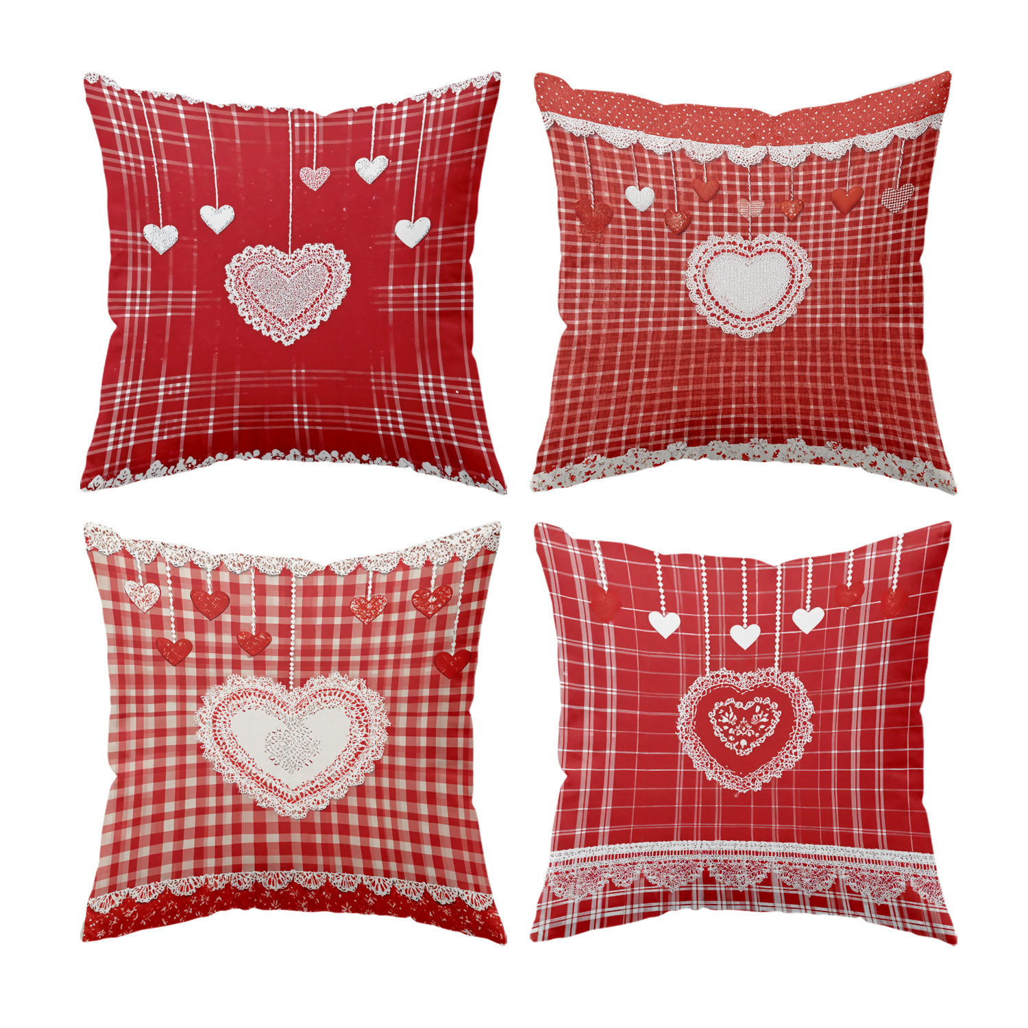 TEMU 4pcs, 2d Single-sided Print, Red Lace Heart Print Velvet Pillowcases, Rustic Style, Multiple Sizes , Machine Washable, Zipper Closure, No Pillow
