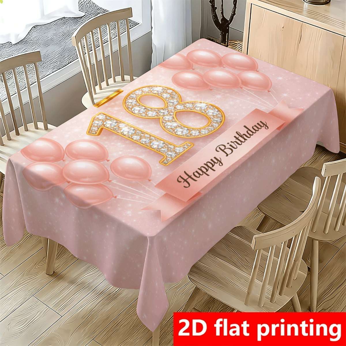 TEMU 1pc Tablecloth, Pink Shiny 18th Birthday Design With And Crystal Numbers, Surrounded By Matte Pink, Rectangular Party Tablecloths In Multiple