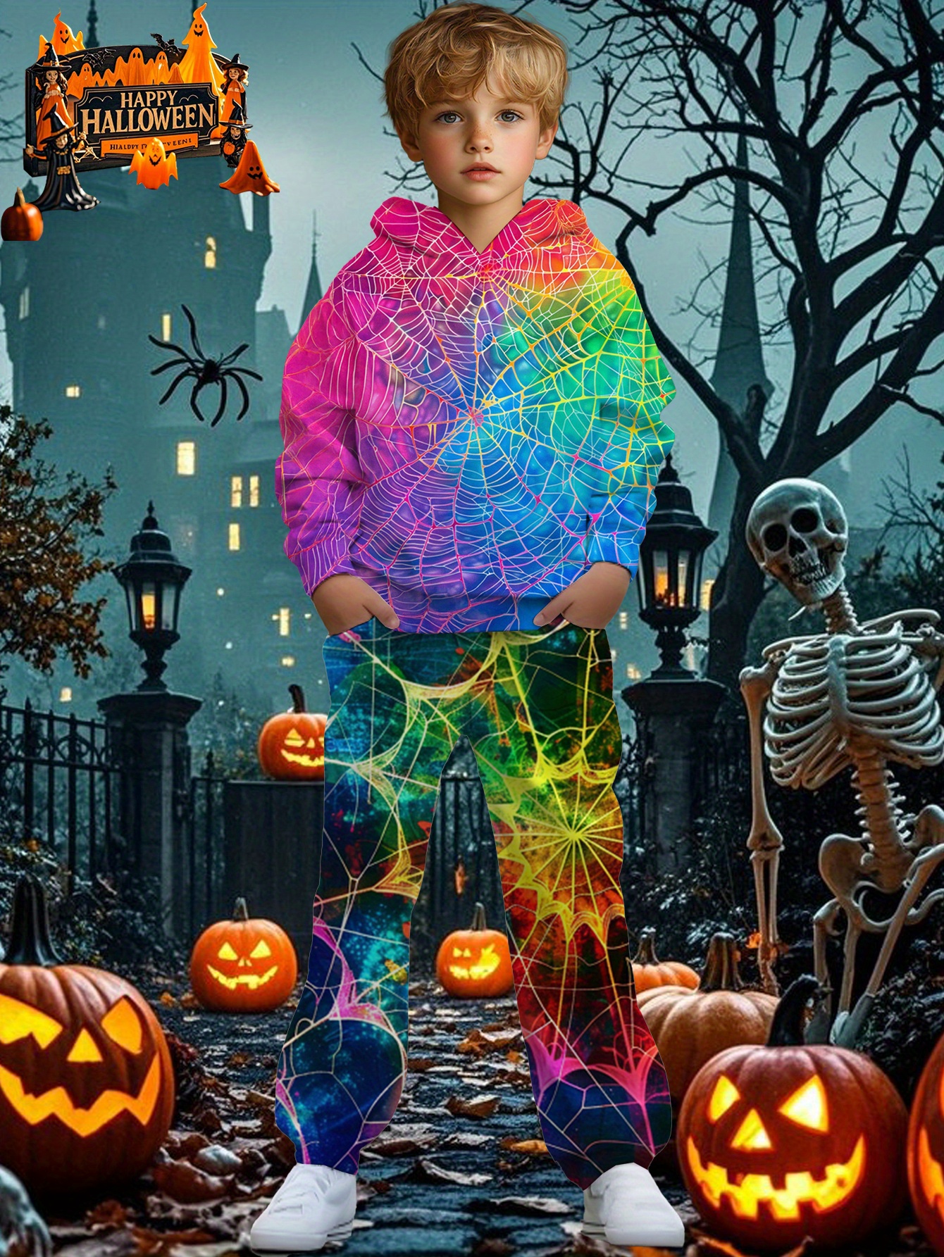   Halloween Spider Web Design Hoodie and Pants Set - Vibrant, Colorful Polyester Tracksuit for Boys, Casual Long Sleeve with Pockets,   Outdoor Activities, Parties, and Festive Occasions, Halloween | Vibrant Tracksuit | Polyester Fiber, Spider Web Hoodie, Best for Christmas