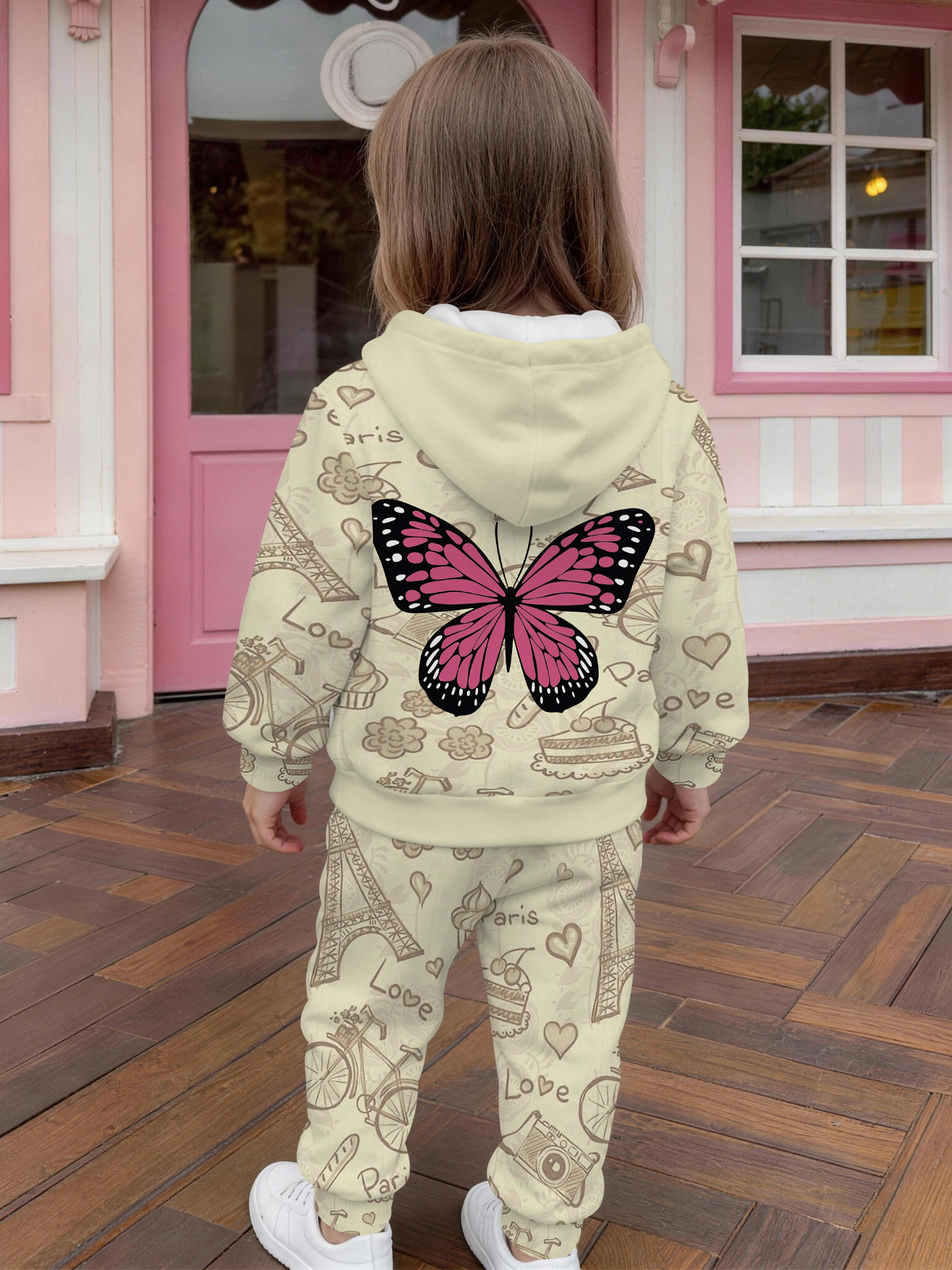 2pcs girls and young childrens hoodie set for autumn and winter gentle rice background rose   paris tower love dessert bicycle   printed hooded hoodie and long pants casual set for outdoor