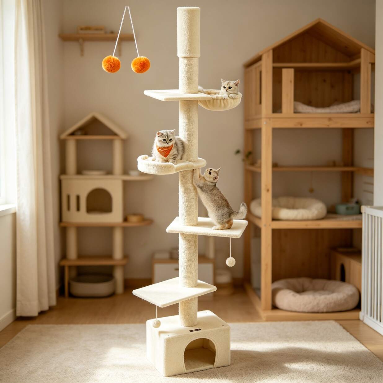 Image of Cat Tree, Floor-to-ceiling Height-adjustable 231-291cm Xxl Multi-level Scratching Post, With Cave, Lounger, Platform, 11cm Thick Trunks, Beige
