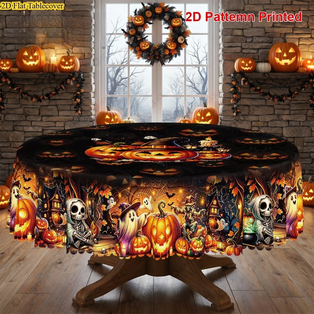 TEMU 2d Flat Tablecover, 1pc, Halloween-themed Party Tablecloth With Jack-o'-lantern,, , Candle, Spiderweb, And Bat Print Design, Rectangular/round