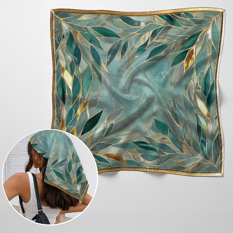 TEMU 1pc Botanical Leaf Scarf Shawl - Retro Men's & Women's Hair Wrap & Neck Scarf Suitable For Women, Hair Bandana With Green Leaf Pattern, Machine