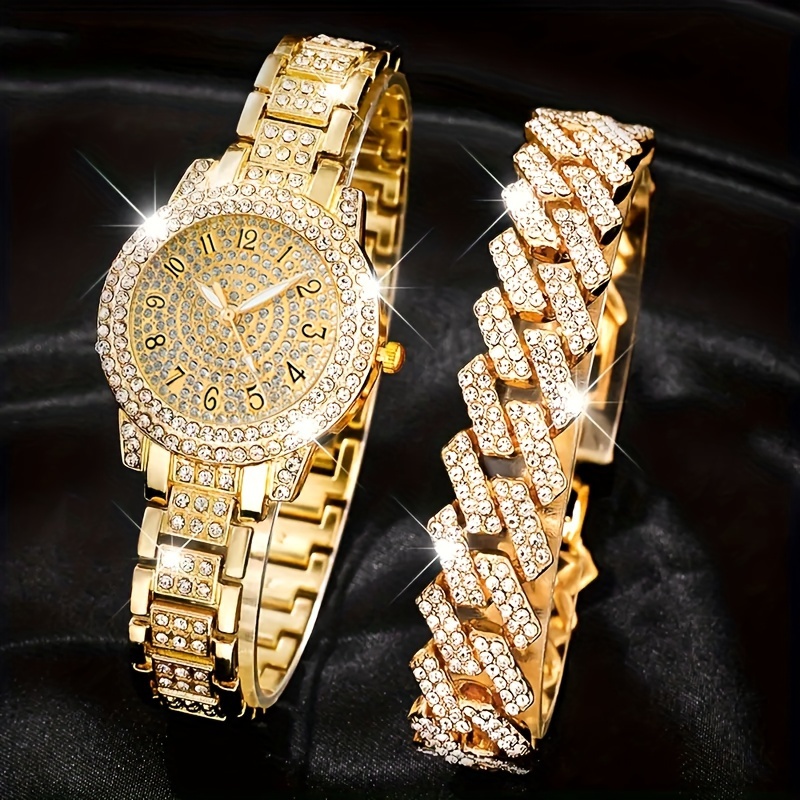 TEMU Set Of 2 Trendy Women's Watches, Including A Casual Quartz Watch And A Hip Hop Bracelet, Fashionable Wristwatch, Stylish Bracelet, And Chic