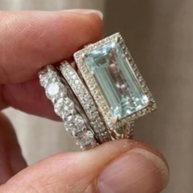 TEMU Luxurious Design, Minimalist Style, Light Blue Synthetic Zirconia Ring Set, Suitable For Women' Commuting, Niche High-end Feeling, Layered 3pcs