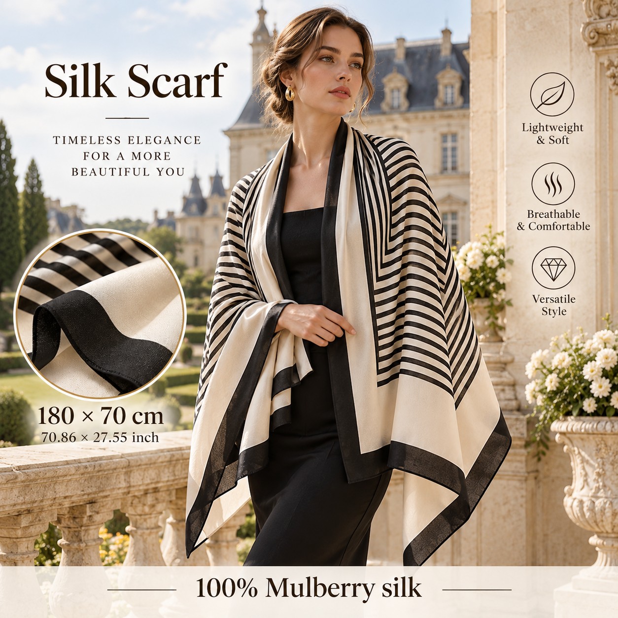 TEMU 100% For Women, 180 X 70 Cm / 70.86 X 27.55 In, Elegant Black And Ivory Striped Long Shawl, Lightweight Fashion Wrap For Daily Wear, Travel, And