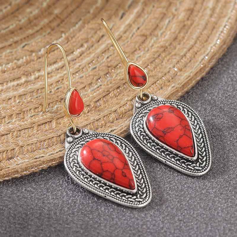 Women's Bohemian Red Synthetic Turquoise Droplet Pendant Earrings