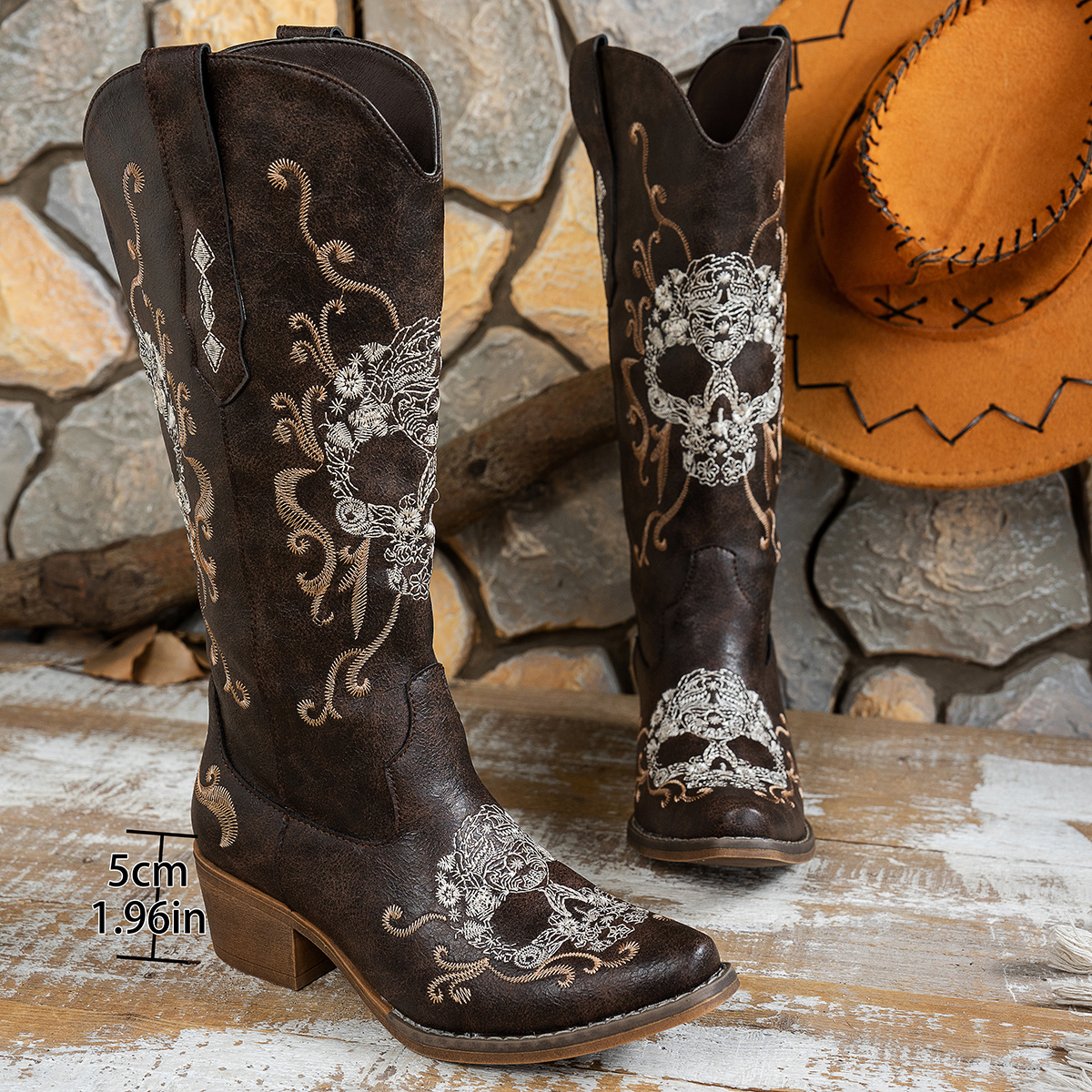 Image of Women's Western Style Embroidered Cowboy Boots, Unique Skull Design, Exquisite Embroidery, Local Warehouse, Women Shoes