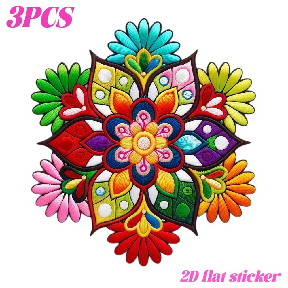 TEMU 3 piezas de pegatinas de transferencia de 2D, diseño de flor mandala simétrico , parches multicolores estilo bordado para transferencias