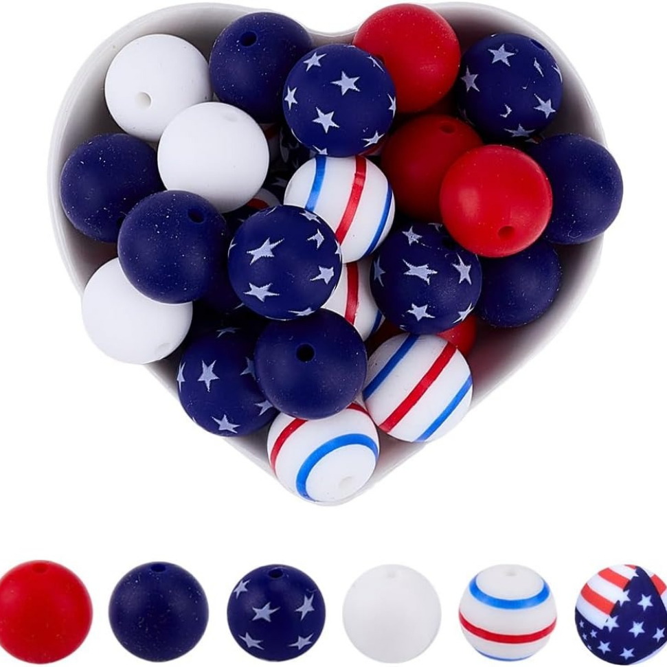 TEMU Set Of 60 Patriotic Silicone Beads In 6 Different Styles, Perfect For The . 15mm Round Beads In Red, White, And Blue Feature Holiday- Like Stars