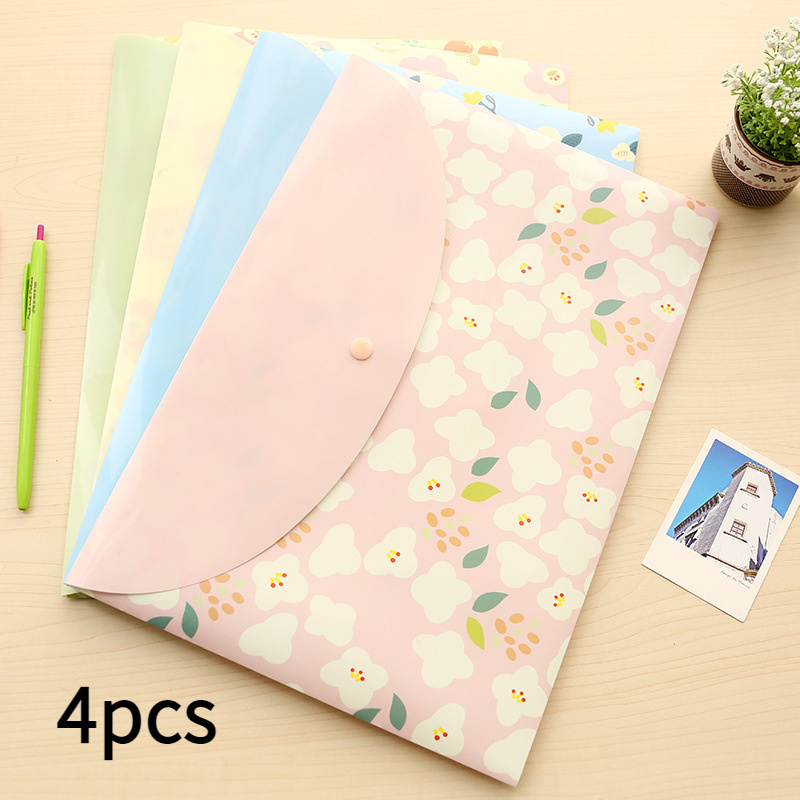 Set Of 4 Cute Floral A4 Document Bags, Transparent Pvc Snap Folders, Creative Storage For Students And Office Use, Featuring Designs