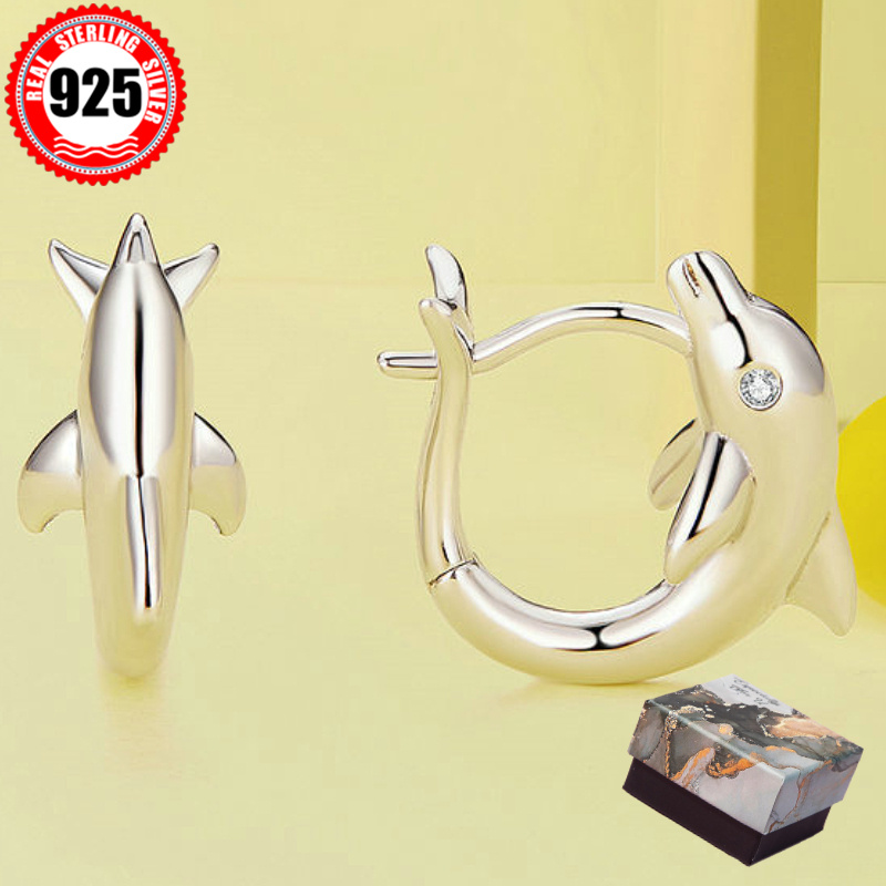 

925 Silver Cute Dolphin Inlaid With Oxide Decoration Earrings High-end Temperament Halloween Recommended Earrings To Give Girlfriend Gifts To Box