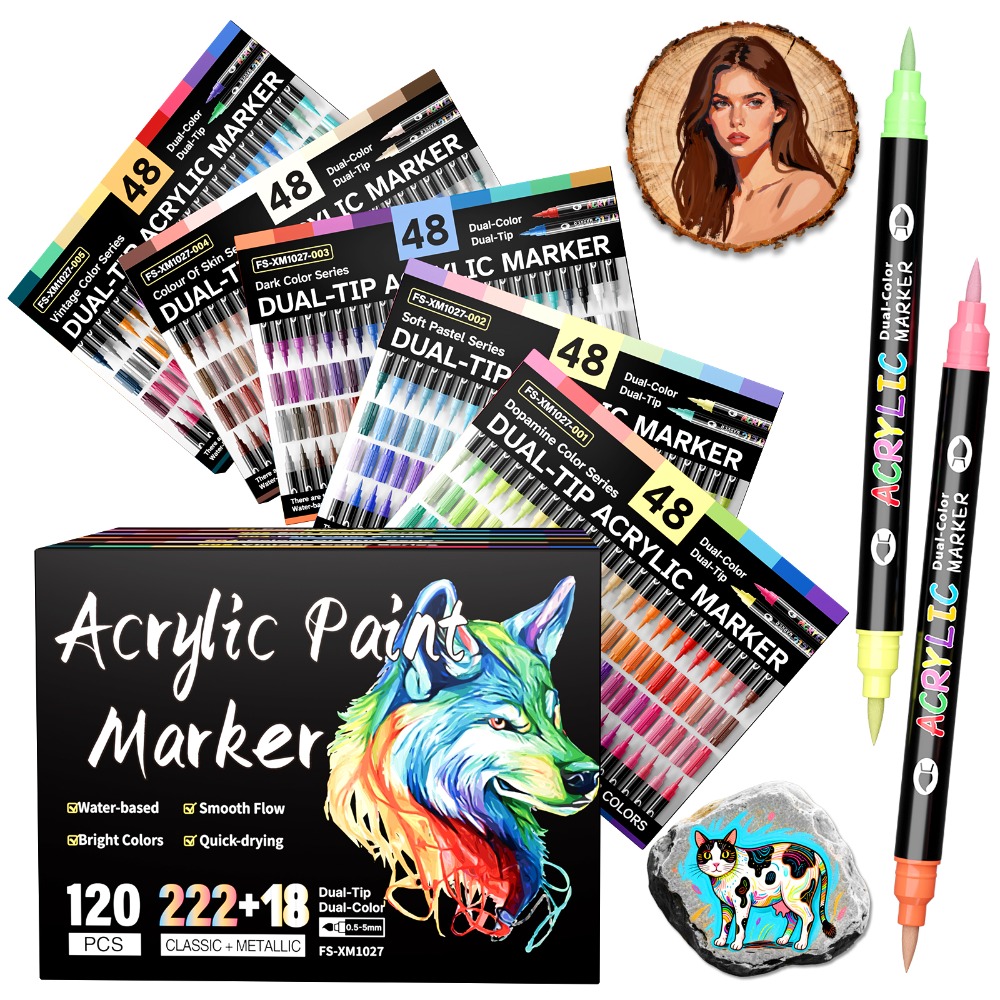Image of 240colors Double Headed Water-based Acrylic Marker Pen Set: Acrylic Markers With Soft Brush Tip Ideal For Rock Painting, Wood, Stone, Crafts Art Supplies Professional Artistic Use