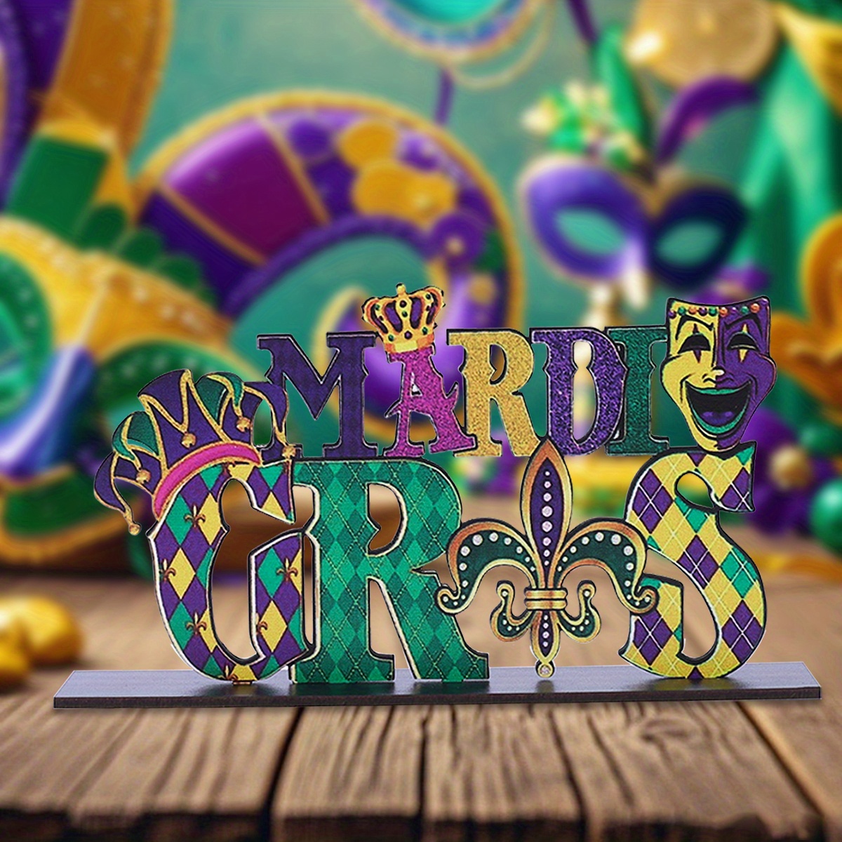 

1pc Mardi Gras Wooden Tabletop Ornament - "mardi Gras" With Mask & , , Ideal For Carnival Decor, Multifunctional English Lettering Desktop Display