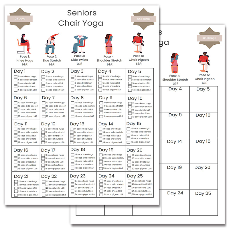 

25-day Seniors Chair Yoga Challenge Workout Plan - Easy-to- Fitness Routine With Poses - 8x10 Inch Print For Home Workouts, 2d, Room Decor