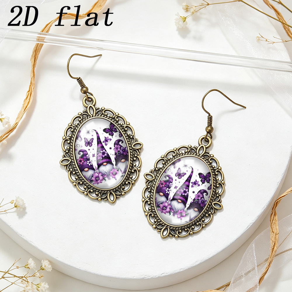 Purple Flower Butterfly Gnomes Print Vintage Lace Frame Earrings