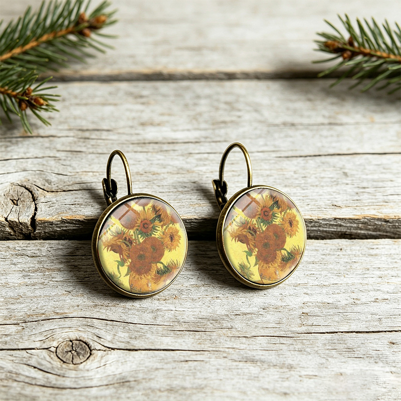 3pc Van Gogh Sunflowers & Crescent Moon Jewelry Set, Unisex
