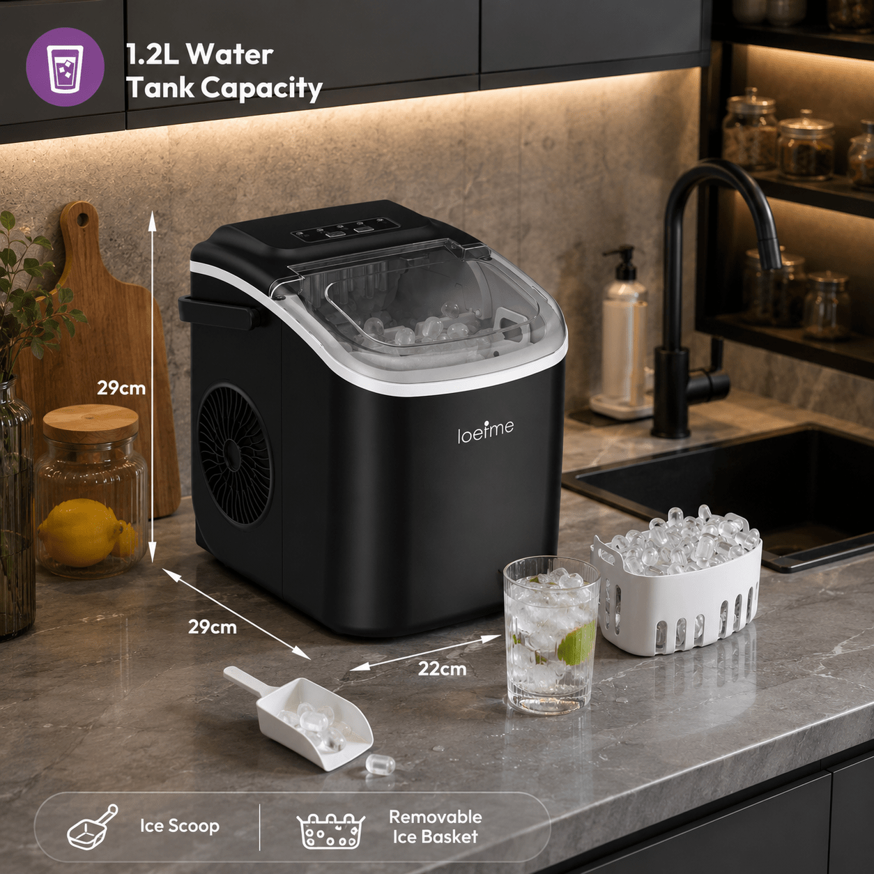 Image of Summer Essential In Electric Ice Maker, 1.2l Water Tank, 14kg/day, Loefme Portable Ice Maker With Handle, Ideal For Home, Camping & Office