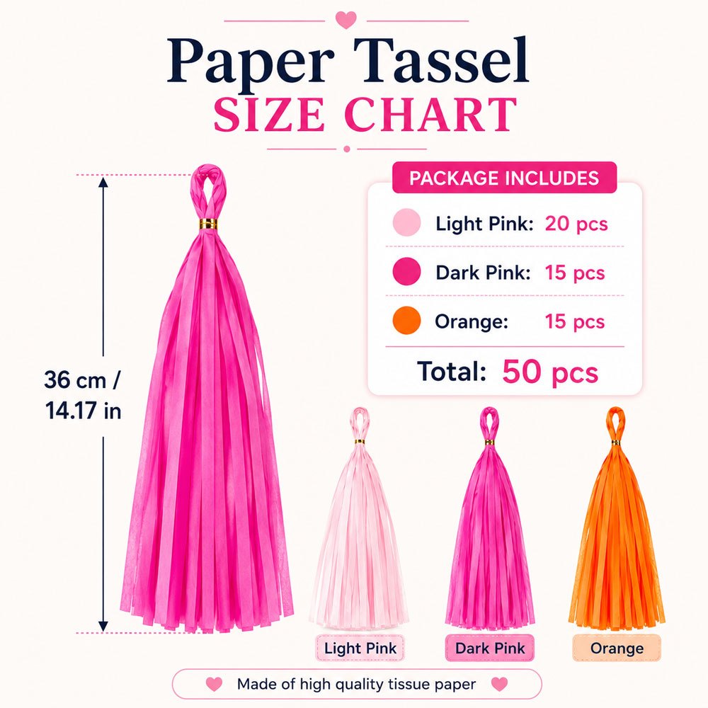 TEMU 50pcs Set Of Pink And Orange Paper Tassel Decorations, -block Themed Party Decor, Birthday Party Decorations, Suitable For Summer Gatherings And