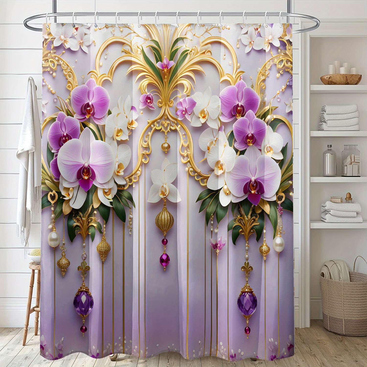 

1pc Elegant Floral Shower Curtain With Golden Accents, Waterproof Polyester Fabric, Machine Washable, Includes Hooks, Seasonal Decor For All , 71x71 Inches