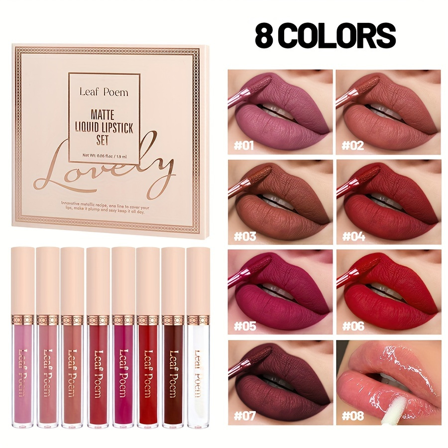 8pcs Matte Liquid Lipstick Set - Waterproof, , Long-lasting Lip Gloss In Brown, Pink, Purple And With Plant Squalane