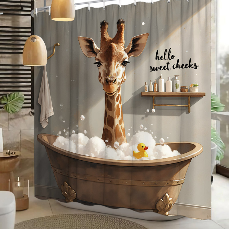 TEMU Rideau de Douche Baignoire Fantaisiste avec Canard Jaune et " Mignonnes Joues" - Décor Salle de Bain Rustique, Inclut 12 Crochets, Polyester