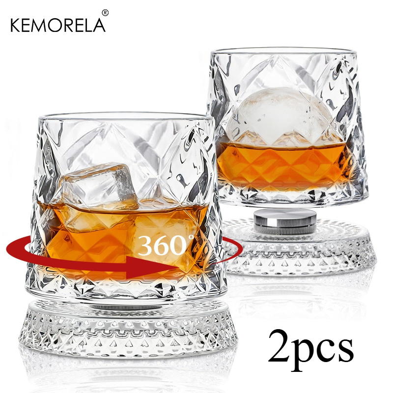 Image of Kemorela 2/1pc 10oz Spinning Whiskey Glasses, Rotating Old Fashioned Clear Rocks Glasses For & Bourbon, Cocktail Glasses For Bar, Party, Home, And Gift