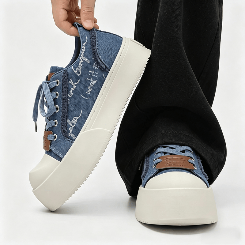 New Men's Vintage Denim Platform Shoes with Wide Toe Box