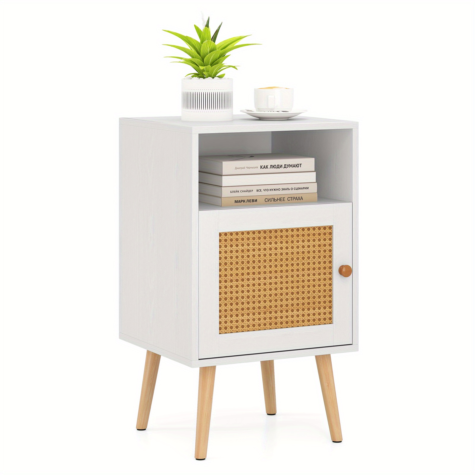 Boho Nightstand With Storage - Accent Table Suitable For Bedside Or Sofa Side With Open Shelf & Door Cabinet, Rattan Decoration, Compact Bed Table, Assembly