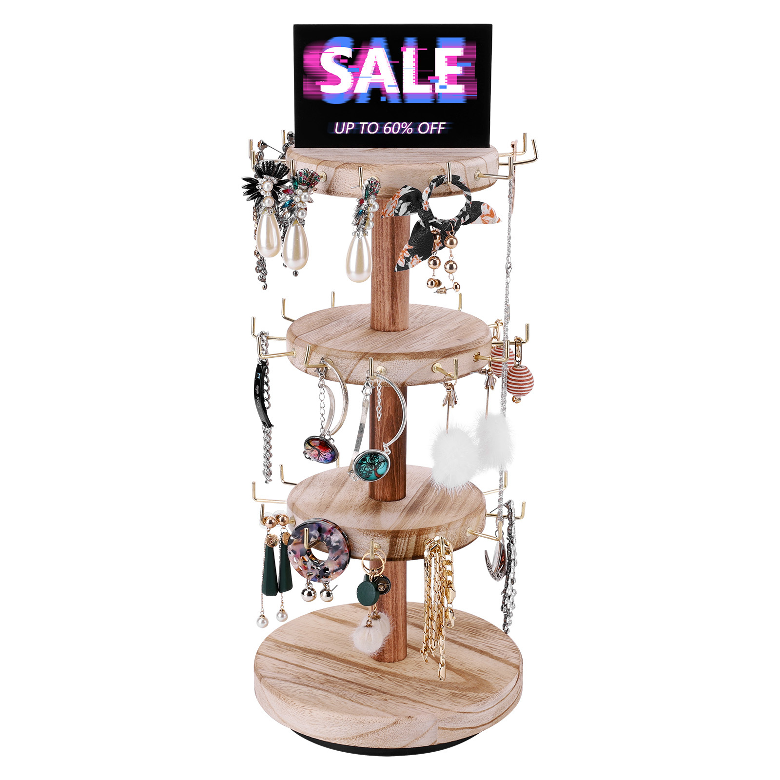 TEMU 360° Rotating Wooden Craft Jewelry Rack, Three-layer Large-capacity Wooden Jewelry Storage Tower, Bracelet Display Rack, Necklace And Bracelet