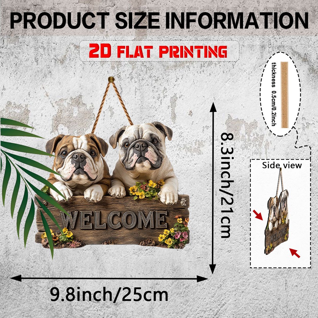 TEMU 2d Flat - [2d Flat] 2d Printed Sign, Single Piece, Wooden Plaque, Outdoor Wall Decor, Bulldog Welcome Sign, Garden Decoration, Porch Decor, Home