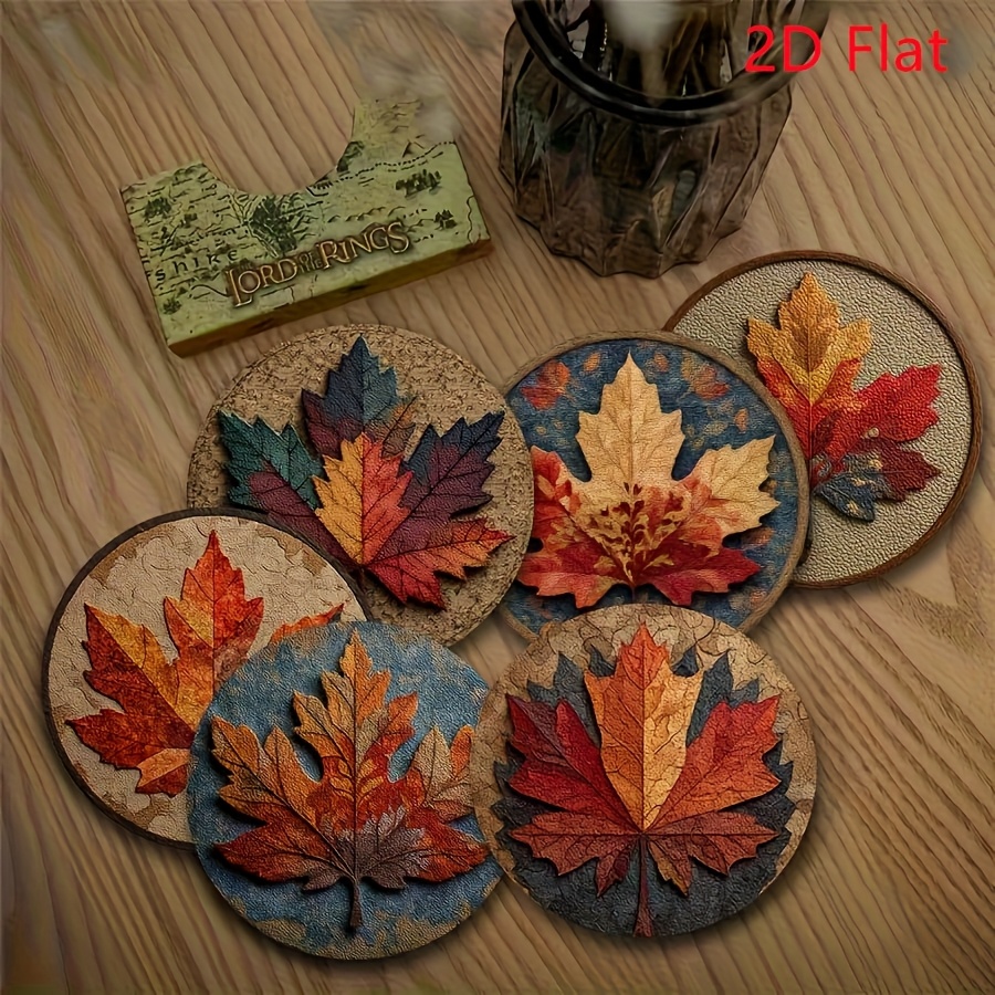 TEMU 6pcs Maple Leaf Wooden Coaster Set - Round Wood Coasters Suitable For Home & Restaurant Use, Wood Table Protectors With Maple Leaf, Housewarming