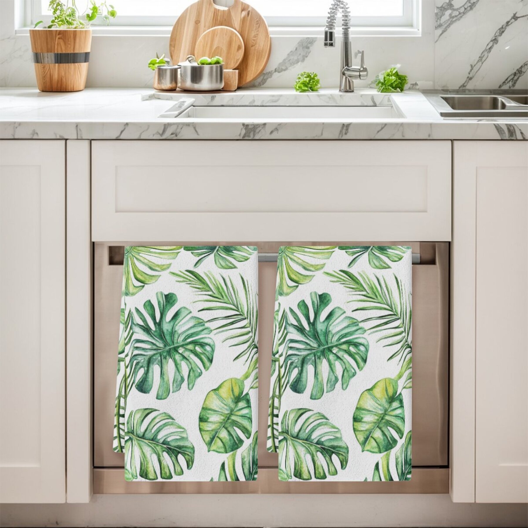 2pcs cleaning cloths, dish towels featuring tropical plants, palm leaves, and monstera patterns, suitable for kitchen decor, holiday decorations, table settings, kitchen supplies, home decor, and as gifts for   or bathrooms. details 3