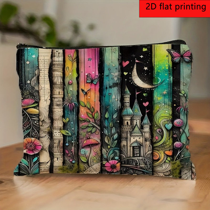 TEMU 2d Flat, 1pc Women's Artistic Floral And Castle Pattern Makeup Bag With Non-fading Zipper Pouch | Double-sided Printed, And Celestial Patterns |