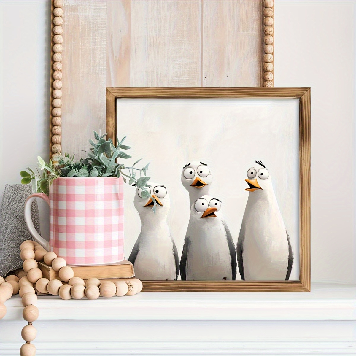 TEMU Décoration Murale Rustique en Bois - Motif Quatre Mouettes Surprises, Panneau Style Ferme 8,0x8,0 Pouces, Convient pour Salon, Cuisine ou Bureau